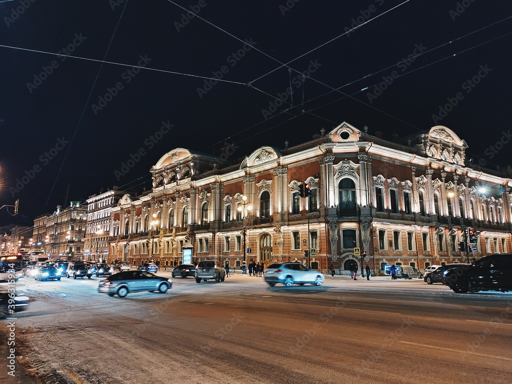 Saint Petersburg Russia - March 6, 2019: night city, buildings and cars
