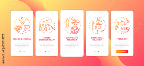 ME treatment onboarding mobile app page screen with concepts. Graded exercise therapy, symptomatic treating walkthrough 5 steps graphic instructions. UI vector template with RGB color illustrations