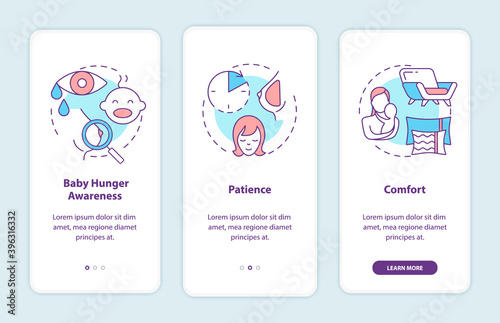 Breastfeeding tips onboarding mobile app page screen with concepts. Babies hunger awareness walkthrough 3 steps graphic instructions. UI vector template with RGB color illustrations