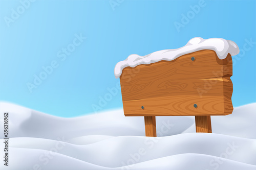wooden blank board with realistic snow hills