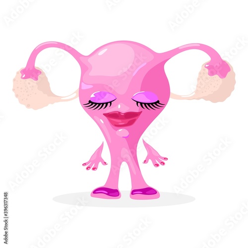 Cute female body organ with lips and eyelashes, makeup and face. Vector organs location scheme. Human anatomy and female reproductive system isolated on white background