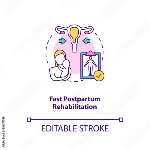 Fast postpartum rehabilitation concept icon. Breastfeeding benefits for women. Ease aches and pain. Stay regular idea thin line illustration. Vector isolated outline RGB color drawing. Editable stroke