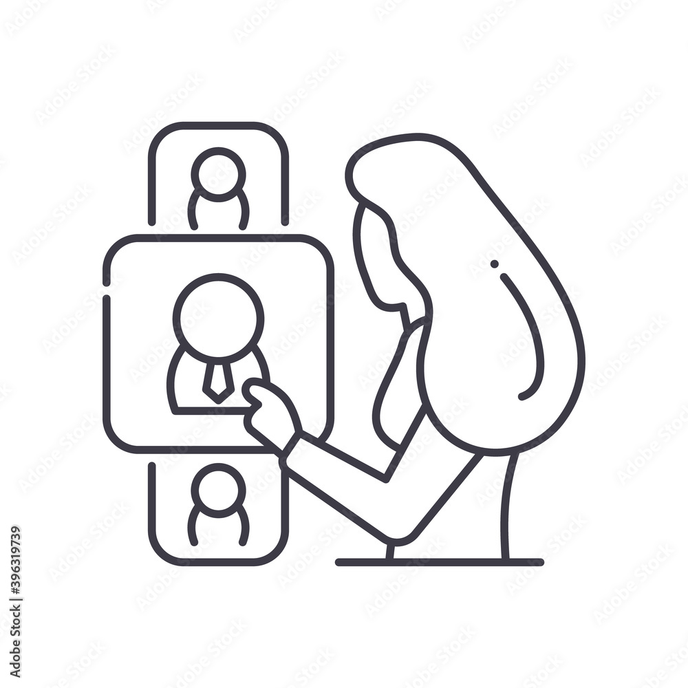 Human resources search icon, linear isolated illustration, thin line vector, web design sign, outline concept symbol with editable stroke on white background. Human resources search icon, linear isolated illustration, thin line vector, web design sign, outline concept symbol with editable stroke on white background.