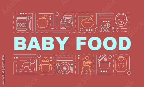 Baby food word concepts banner. Infant formula. Breastmilk alternatives. Infographics with linear icons on yellow background. Isolated typography. Vector outline RGB color illustration