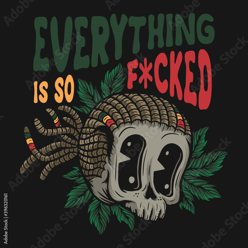 Human skull with dreadlocks hair and typography vector illustration design