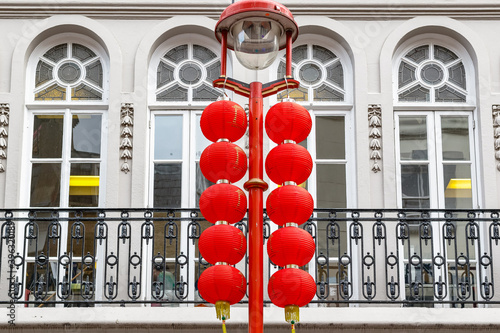 Street decorated with red lanterns in Chinatown, London photo