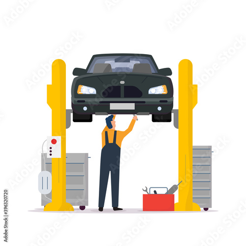 Car service and repair. Repair man standing under lifted car in repair shop and fixing car braking. Vehicle repair shop vector flat style illustration. Transport workshop and mechanic service.