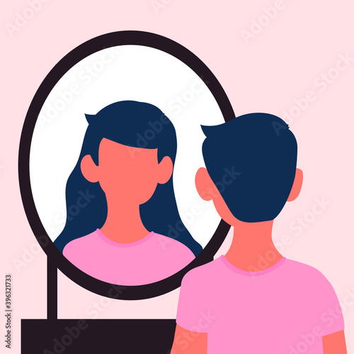 gender identity. transgender woman looks in the mirror. flat vector image.