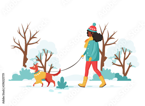 Black woman walking with dog. Winter outdoor activity. Vector illustration.
