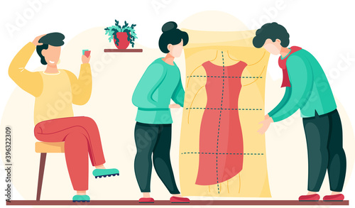 Sewing with designers working with red dress pattern. The girl evaluates the sketch made by the seamstresses. Man is holding the pattern of future clothes. Customer in professional tailoring studio