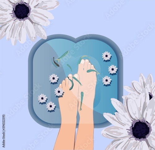 Cartoon style pedicure on a soft background. Illustration with peeling with fish on a blue background.