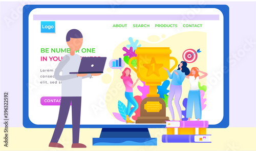 Be number one in your business, girls showing trophy got for winning first place. Trophy or award with foliage and target with arrow. Website or webpage template, landing page vector illustration