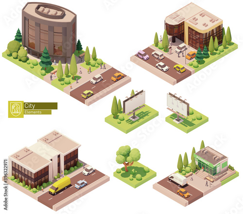 Obraz na płótnie Vector isometric buildings and street elements set. Houses, homes and offices. Pharmacy store building, Billboard, trees cars and people. Isometric city or town map construction elements w salonie