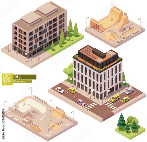Vector isometric buildings and skatepark. Houses, homes and offices. High-rise buildings, trees, cars and people. Modern concrete skatepark with skateboarders. Isometric city map construction elements