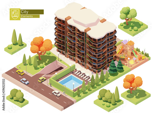Vector isometric buildings and street elements set. Houses, homes and offices. High-rise buildings, trees, cars and people. Isometric city or town map construction elements