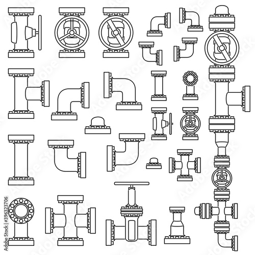Set of simple vector black and white image of pipeline elements drawn in line style.