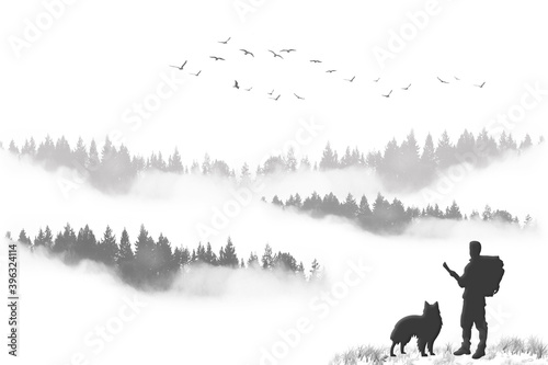 Perro, hombre, pájaros y montaña. Ilustración.