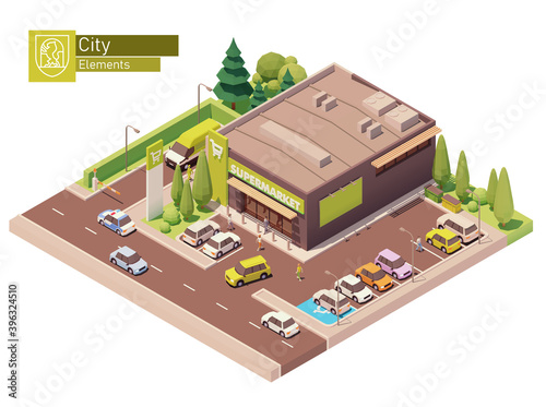 Vector isometric supermarket building. Grocery store building exterior. Big shop with car parking. Isometric city or town map construction elements