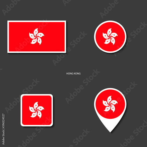 Hongkong flag icon set in different shape (rectangle, circle, square and marker icon) on dark grey background. Hong Kong flag icon collection on barely  dark background.