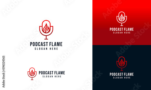 microphone podcast logo design with fire flame concept and business card template