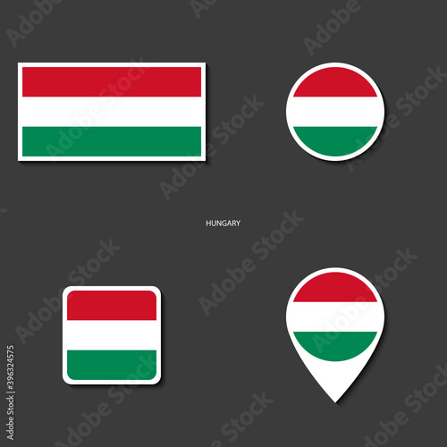 Hungary flag icon set in different shape (rectangle, circle, square and marker icon) on dark grey background. Hungary flag icon collection on barely dark background.
