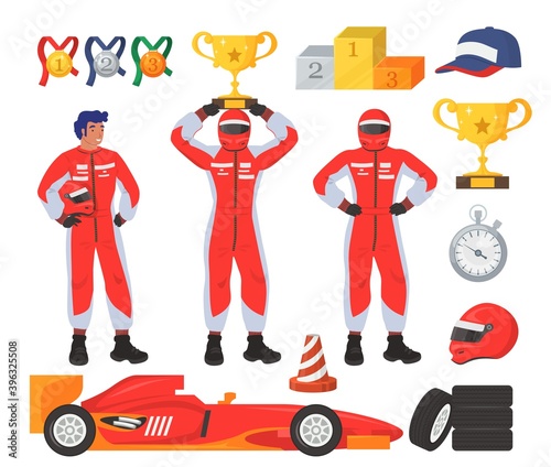 Fényképezés Race driver set, flat vector isolated illustration