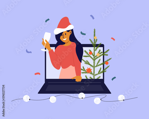 Holiday online video call. Celebration Merry Christmas, Happy New year remotely. Young woman in Santas hat and glass of wine in hand on laptop screen. Christmas tree. Virtual party vector illustration
