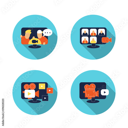 Video flat icons set. Collection of signs for video call, web conference, digital marketing, film production and vlogging. Mobile media players linear elements set.Color vector collection with shadow 
