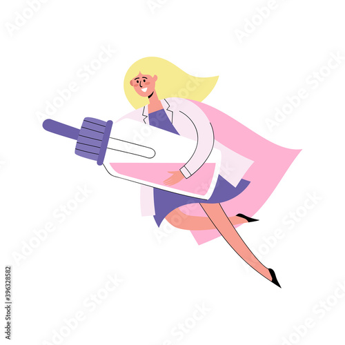 Vector illustration of doctor-superhero flying with nose drops to patient.