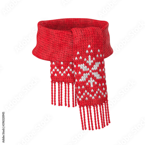 Red wool scarf with a white pattern on a white background, 3D render photo