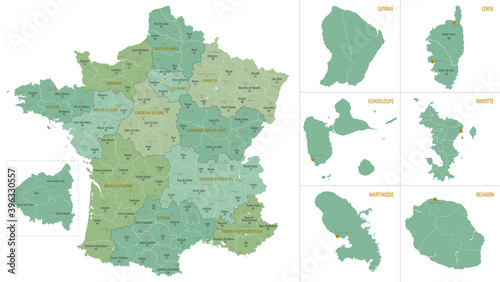 Detailed map of metropolis and overseas territories of France with administrative divisions into regions and departments, large cities of the country, vector illustration on a white background