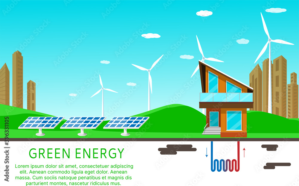 Green energy. Concept Solar, wind, geothermal energy, modern ecohome