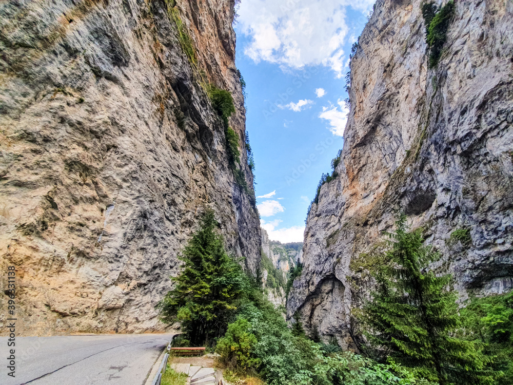 Western Rhodopes Curvy road between steep rocks of Trigrad gorge in the Western Rhodopes ...