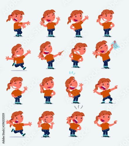 Cartoon character white little girl. Set with different postures, attitudes and poses, doing different activities in isolated vector illustrations

