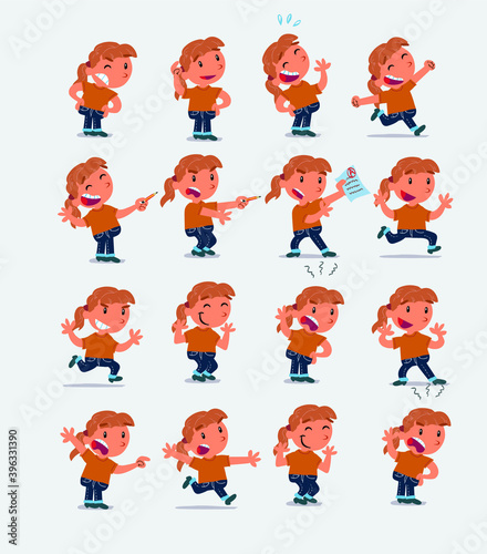 Cartoon character white little girl. Set with different postures, attitudes and poses, doing different activities in isolated vector illustrations

