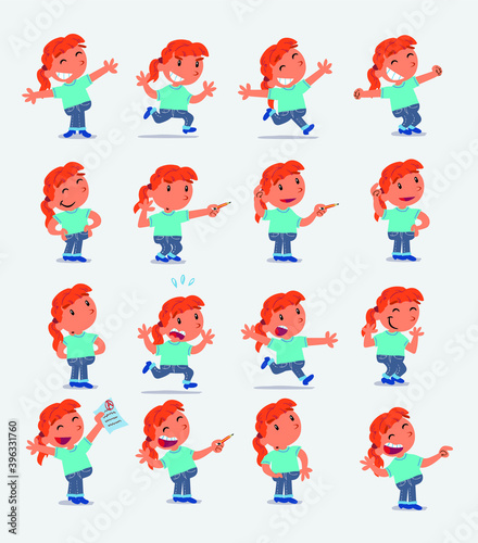 Cartoon character white little girl. Set with different postures, attitudes and poses, doing different activities in isolated vector illustrations 