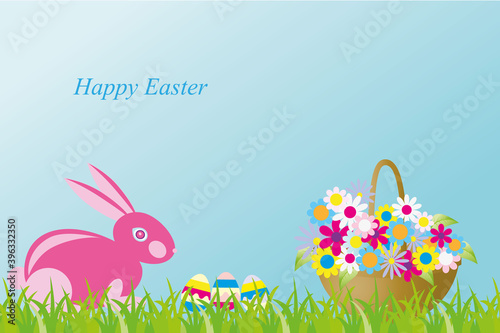 Greeting card Happy Easter. Vector illustration with a Pink Rabbit, basket of flowers and ester eggs. Caption Happy Easter