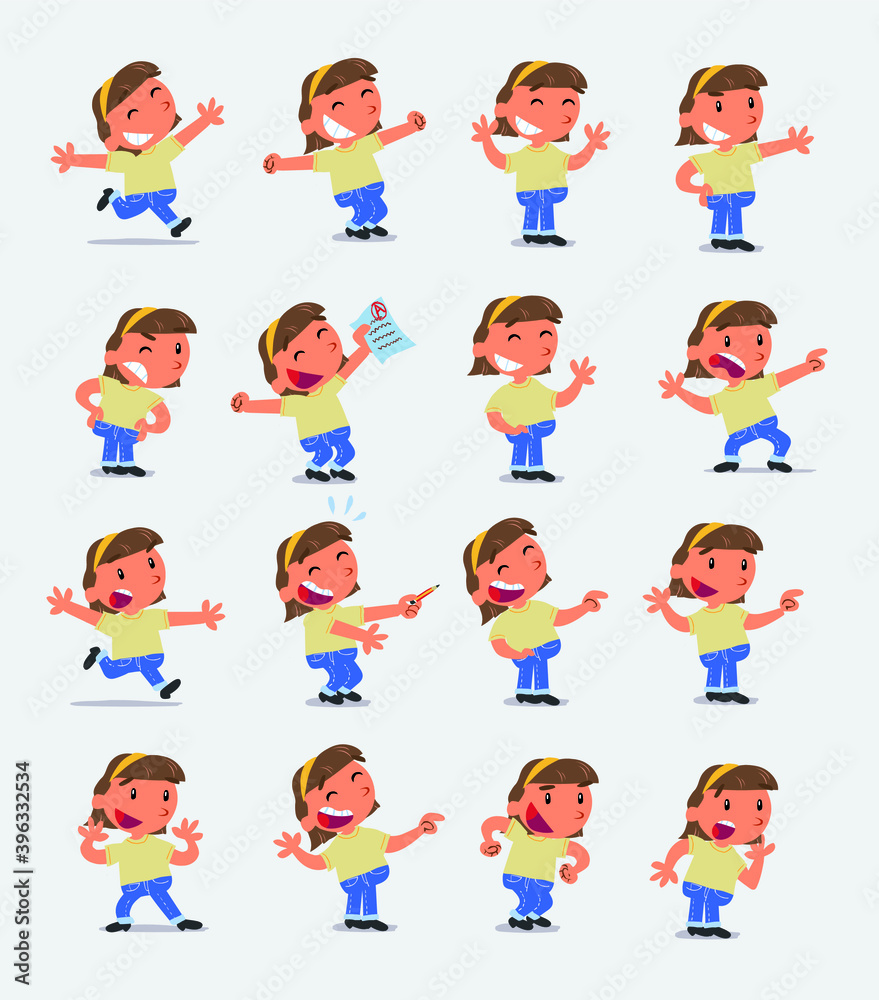 Cartoon character white little girl. Set with different postures, attitudes and poses, doing different activities in isolated vector illustrations