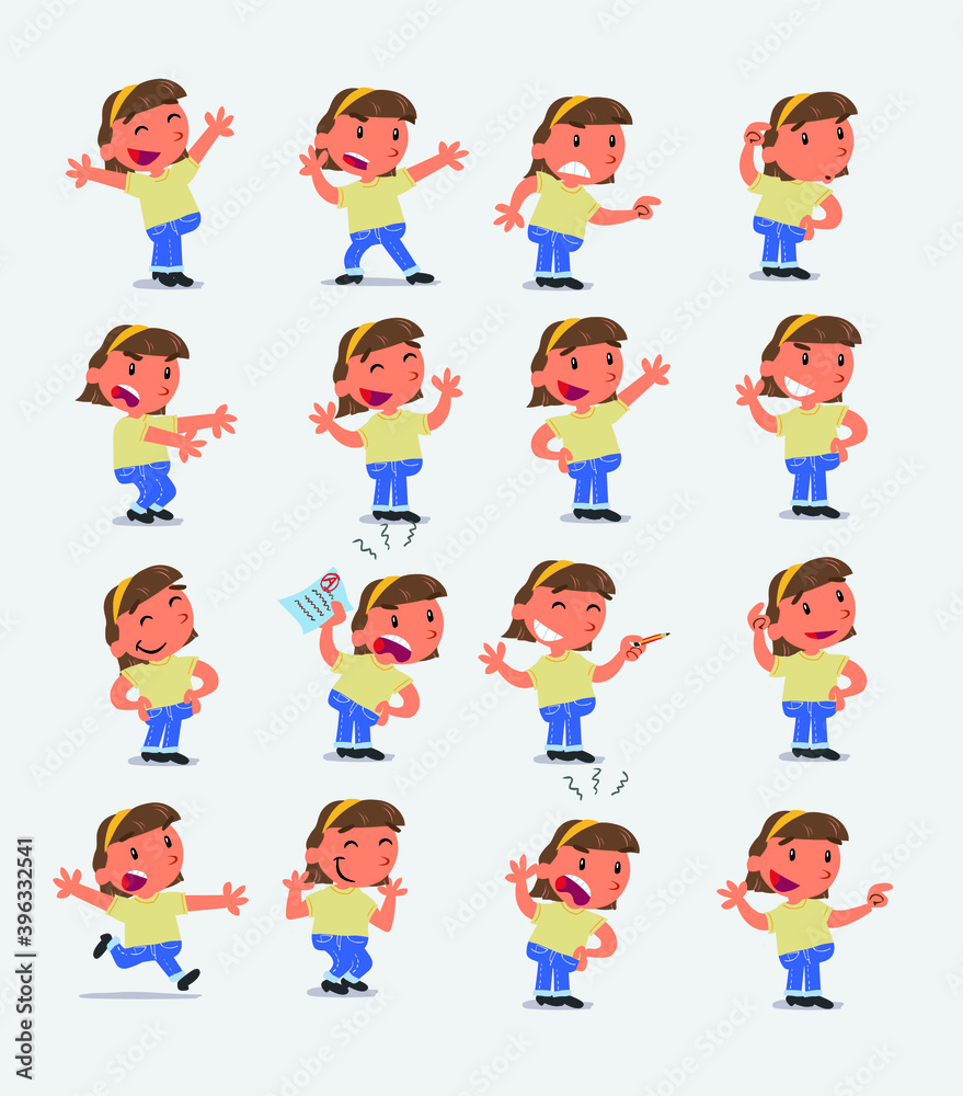 Cartoon character white little girl. Set with different postures, attitudes and poses, doing different activities in isolated vector illustrations