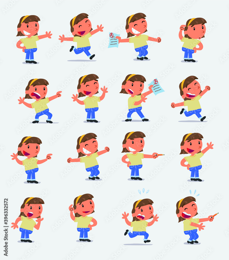 Cartoon character white little girl. Set with different postures, attitudes and poses, doing different activities in isolated vector illustrations Cartoon character white little girl. Set with different postures, attitudes and poses, doing different activities in isolated vector illustrations