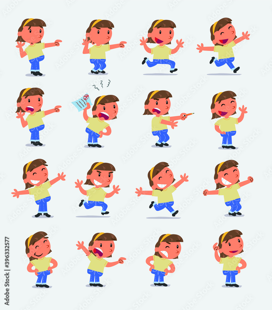 Cartoon character white little girl. Set with different postures, attitudes and poses, doing different activities in isolated vector illustrations
