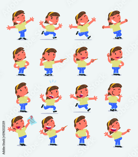 Cartoon character white little girl. Set with different postures  attitudes and poses  doing different activities in isolated vector illustrations