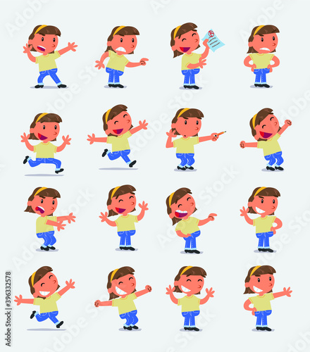 Cartoon character white little girl. Set with different postures  attitudes and poses  doing different activities in isolated vector illustrations