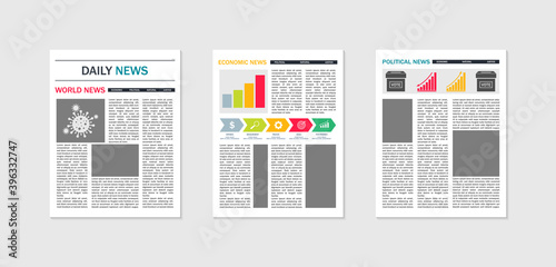 Newspaper mockup. Template of paper news. Tabloid of news. Magazine with articles and text. Layout of page of journal in front. Design of cover for press. Headline of advertising on poster. Vector