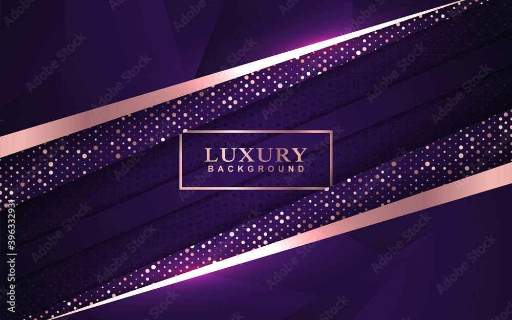 Luxury geometric background design purple gold element decoration. Elegant paper art shape vector layout premium template for use cover magazine, poster, flyer, invitation, product packaging, web Luxury geometric background design purple gold element decoration. Elegant paper art shape vector layout premium template for use cover magazine, poster, flyer, invitation, product packaging, web