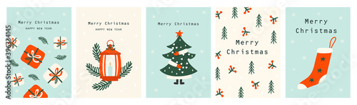Set Christmas cards with Christmas tree,  christmas elements. Vecto