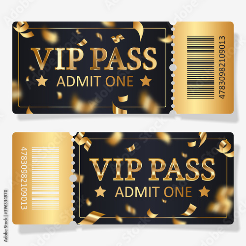 Two black ticket VIP pass, admit one with gold confetti for concert, party, cinema, theatre with golden text, letters and barcode. Vector illustration for advertising, promotion, banner, poster.