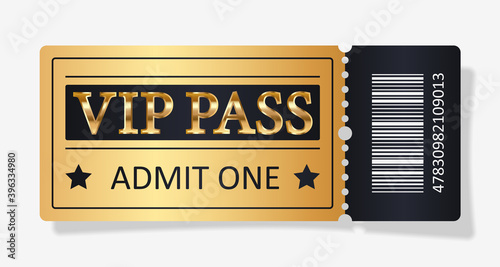 Gold ticket VIP pass, admit one for concert, party, cinema, theatre with golden text, letters and barcode. Vector illustration on white background for advertising, promotion, banner, poster.