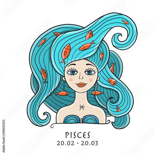 Illustration of Pisces zodiac sign. Element of Water. Beautiful Girl Portrait. One of 12 Women in Collection For Your Design of Astrology Calendar, Horoscope, Print.