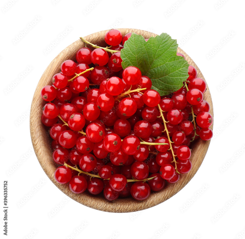 Delicious ripe red currants in bowl isolated on white, top view Delicious ripe red currants in bowl isolated on white, top view